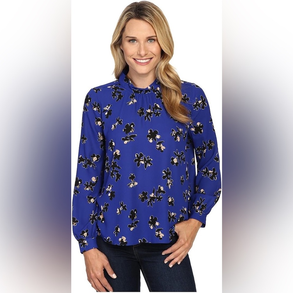 NYDJ Long Sleeve Oversized Mock Neck Blouse S Floral Cerulean Navy Blue